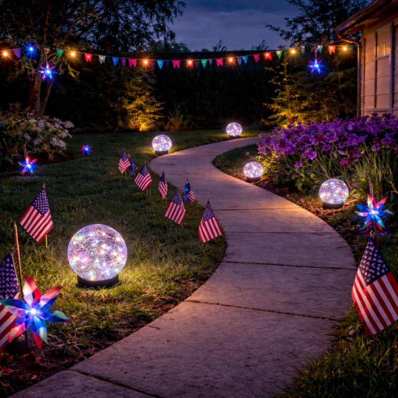 4.33ft 2 Modes Solar Cracked Glass Ball Outdoor Waterproof  30 LED  Light for Garden Pathway Patio, Purple/Blue