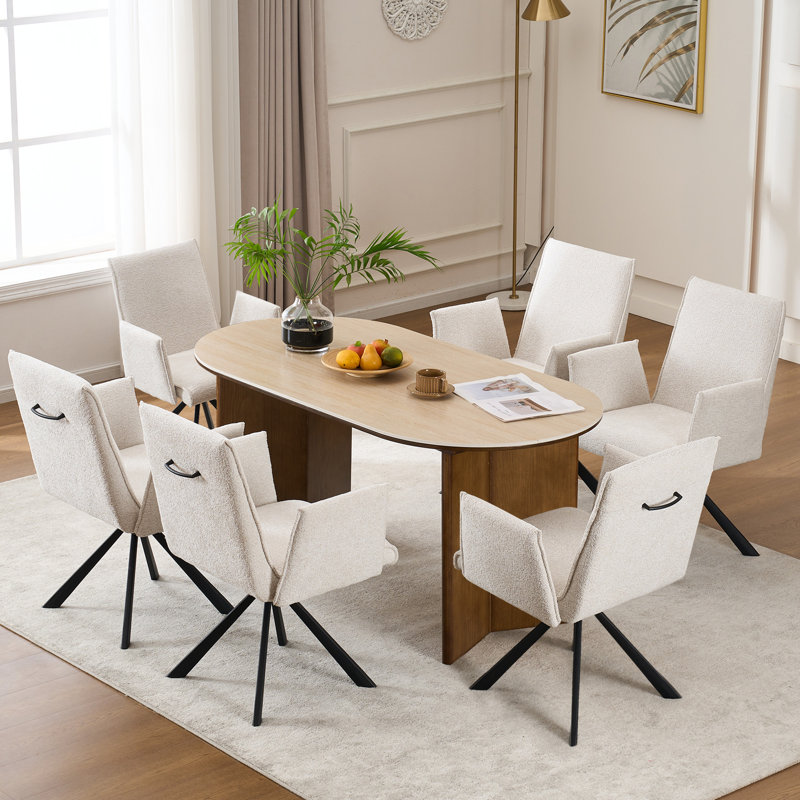 Swivel Boucle Upholstered Dining Chairs Modern Barrel Chair With Arm And Metal Legs, 6, Beige