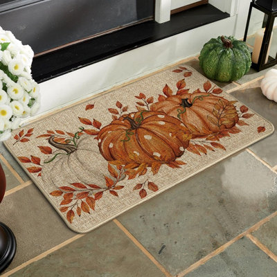 17 x 29 Inch Orange Pumpkin Eucalyptus Fall Doormat – Low-Profile Autumn Entryway Rug for Indoor & Outdoor Home Décor