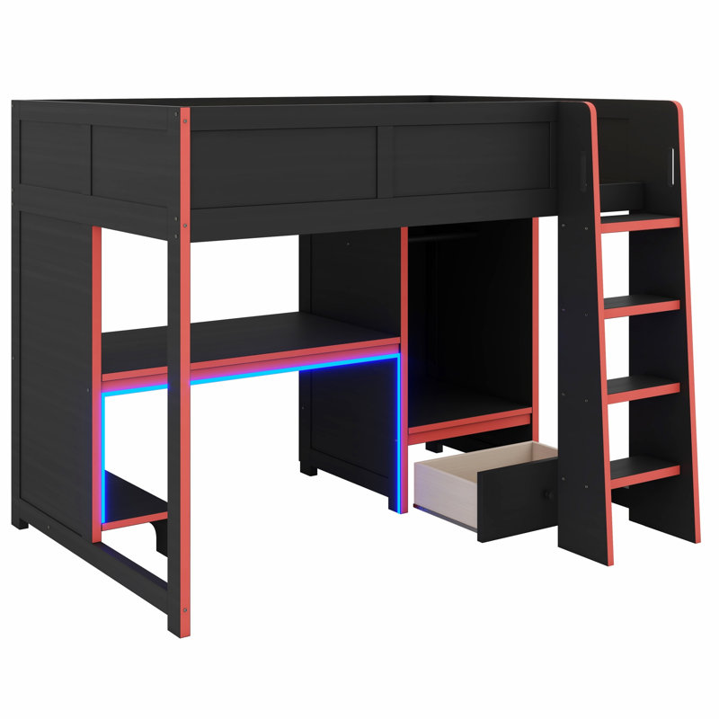 Lit mezzanine moderne et élégant avec bureau intégré, armoire, éclairage DEL et tiroir de rangement