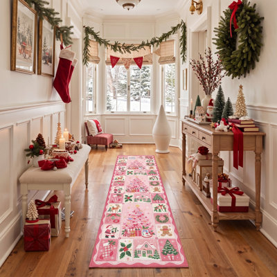 Tapis de chambre lavable à poils courts, motif d'animaux de Noël, père Noël et cerfs, rose et blanc