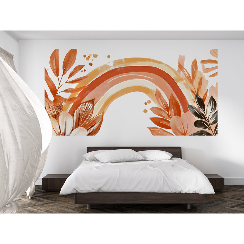 Adhésif décoratif terre cuite arc-en-ciel - Art mural floral bohème au-dessus du lit, grande chambre à coucher pelez et collez l'art mural 079Mv