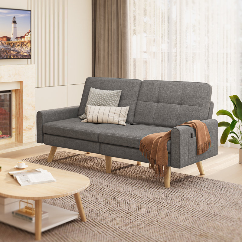 Canapé-lit 70,9 po en tissu d'ameublement inclinable, assise mi-moelleuse 70,9 po., 100 % lin gris foncé
