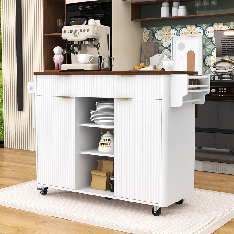 Rolling Fluted Kitchen Island Cart with Drop Leaf, Power Outlet and Adjustable Shelves, White