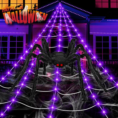 Halloween Decorations Outdoor 200 LED Halloween Giant Spider Web Lights Lighted Spider Web Light Up For Yard Haunted House Decor