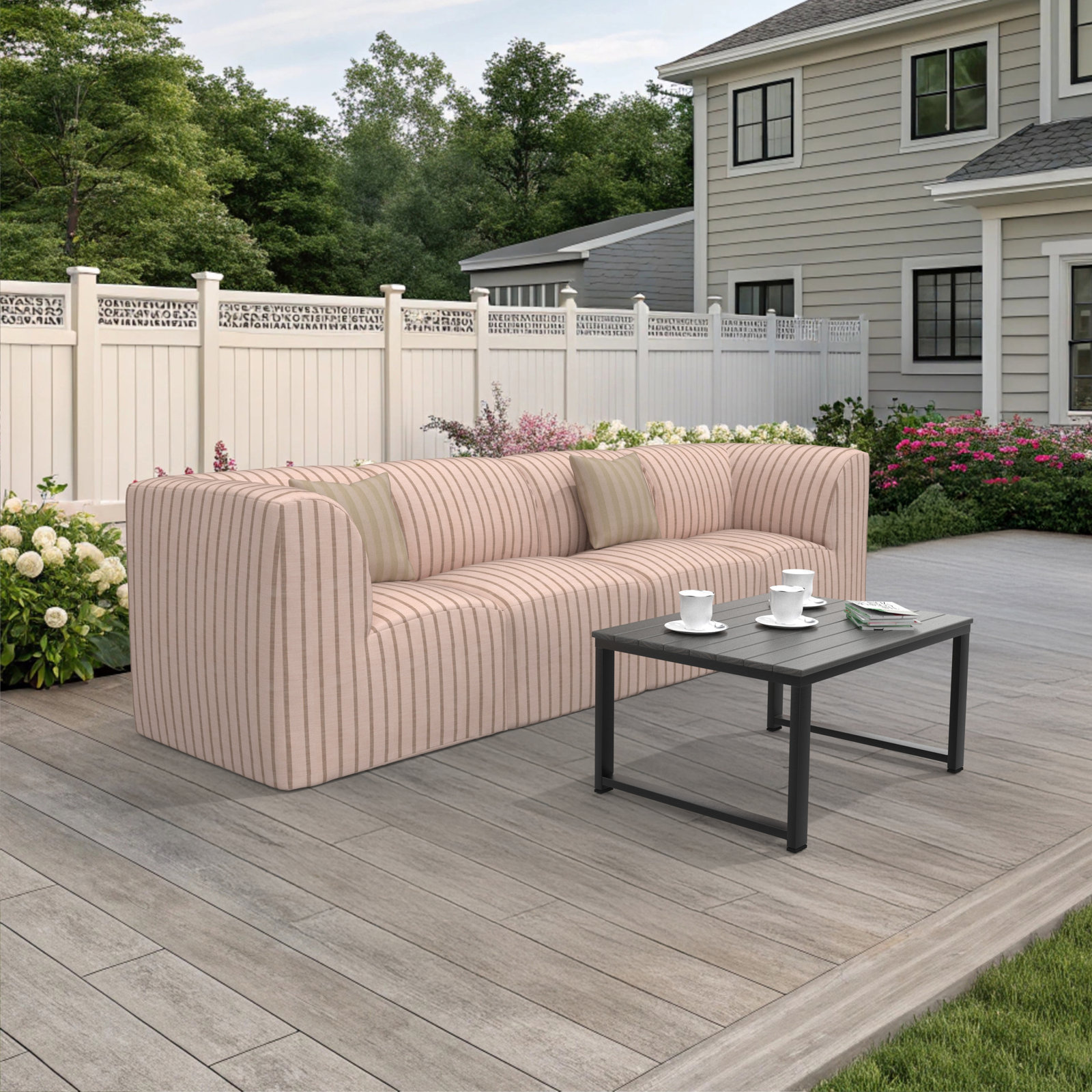 Praia 124" Sunbrella® Patio Sectional, Pink Striped Sunbrella®