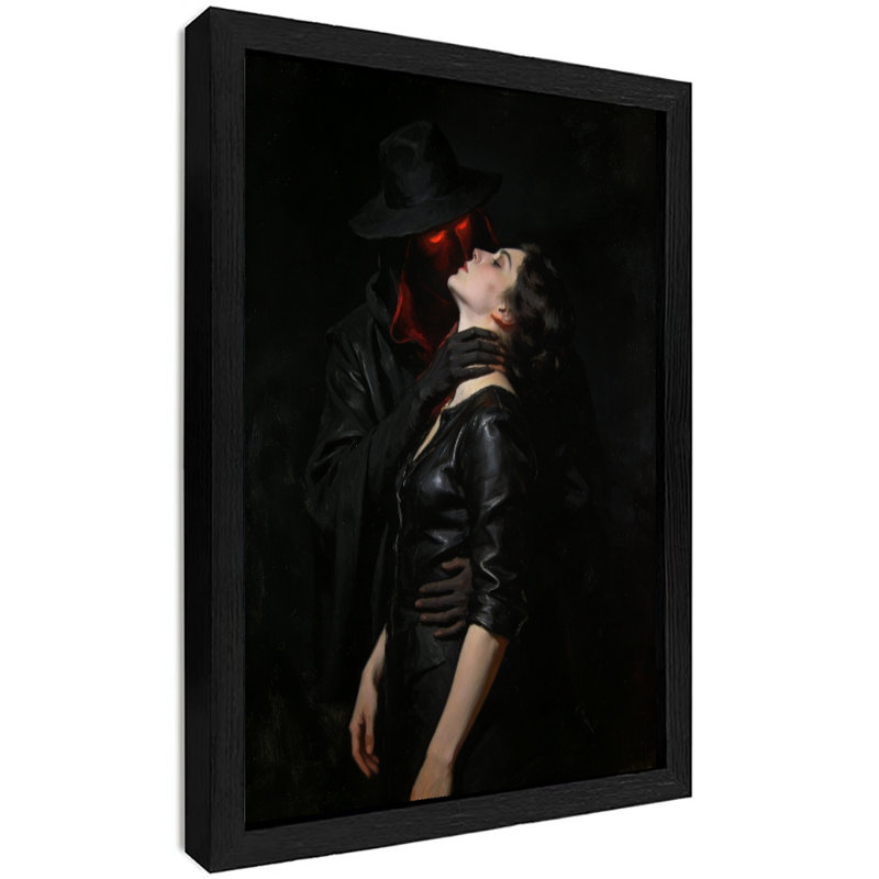 Art noir encadré noir, femme morte, bisous, H 11 po x l 9 po
