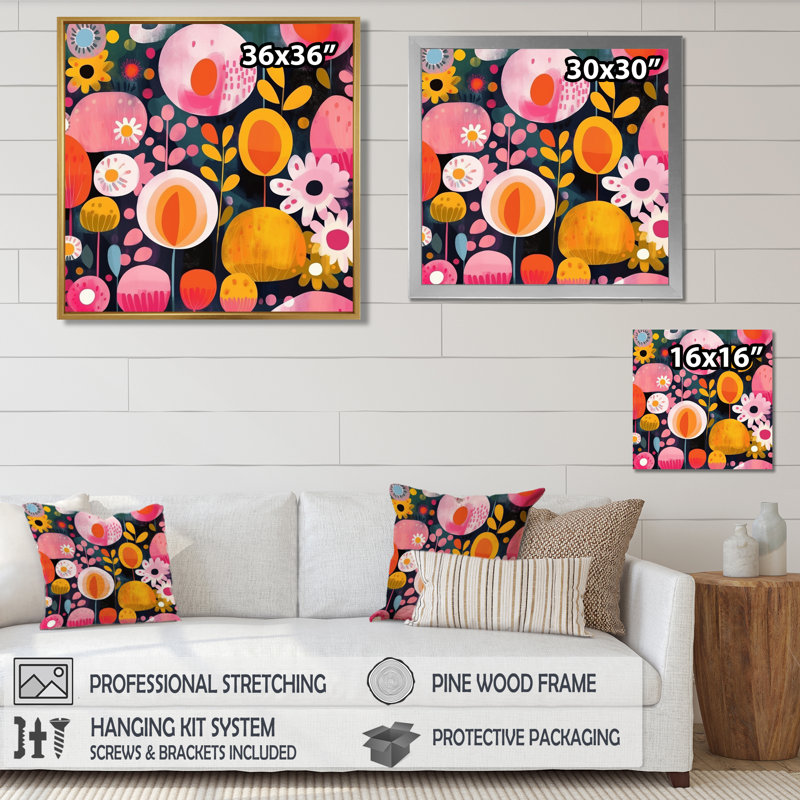 Illustration de fleur ludique rétro - botanique, art mural, Cadre flottant brun, H 16 po x l 16 po