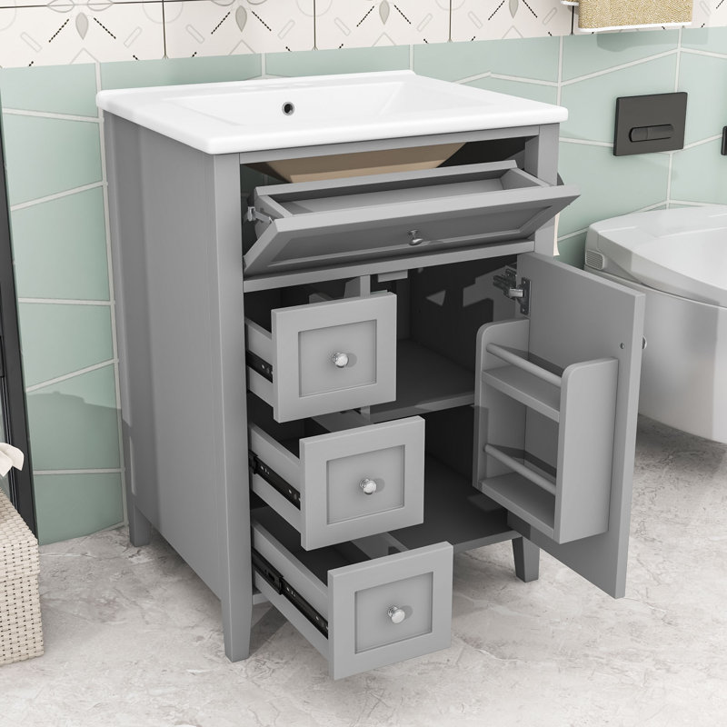 24-Inch Bathroom Vanity with Ceramic Sink, Adjustable Shelves and 4 Drawers, Gray