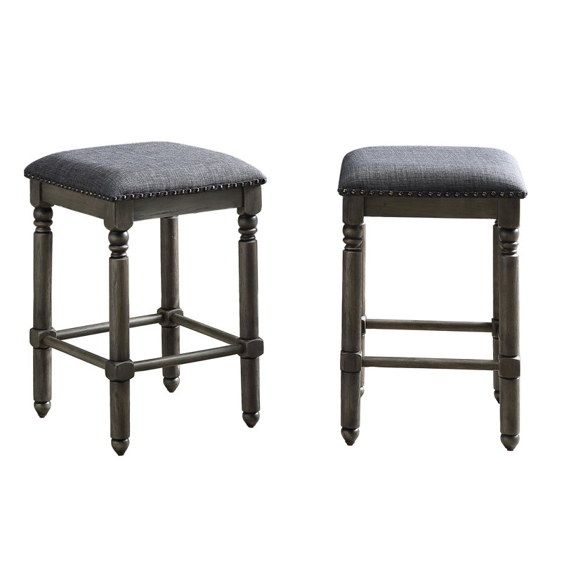 Tabouret à hauteur de comptoir, gris 2 - revêtu de tissu brun clair avec une tête de clou bronze, fait de bois d'hévéa massif et de contreplaqué, chic rustique, l 16 po x P 16 po H 23,69 po, assemblage requis 2 garniture cloutée, chic
