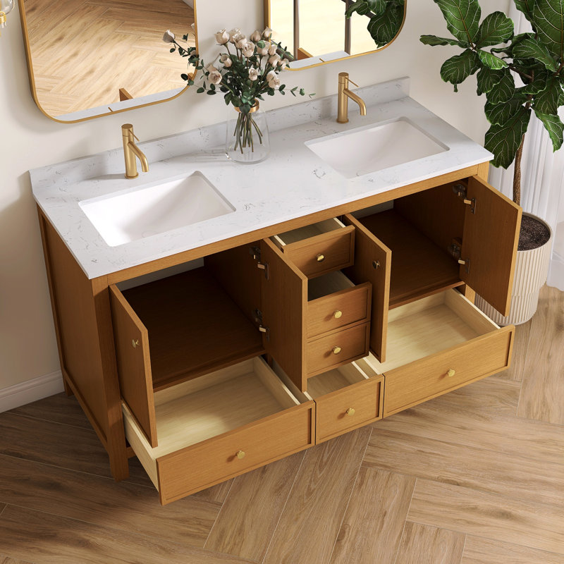 Meuble-lavabo double 60 po avec plateau en marbre d'ingénierie Aura, 60", Brun