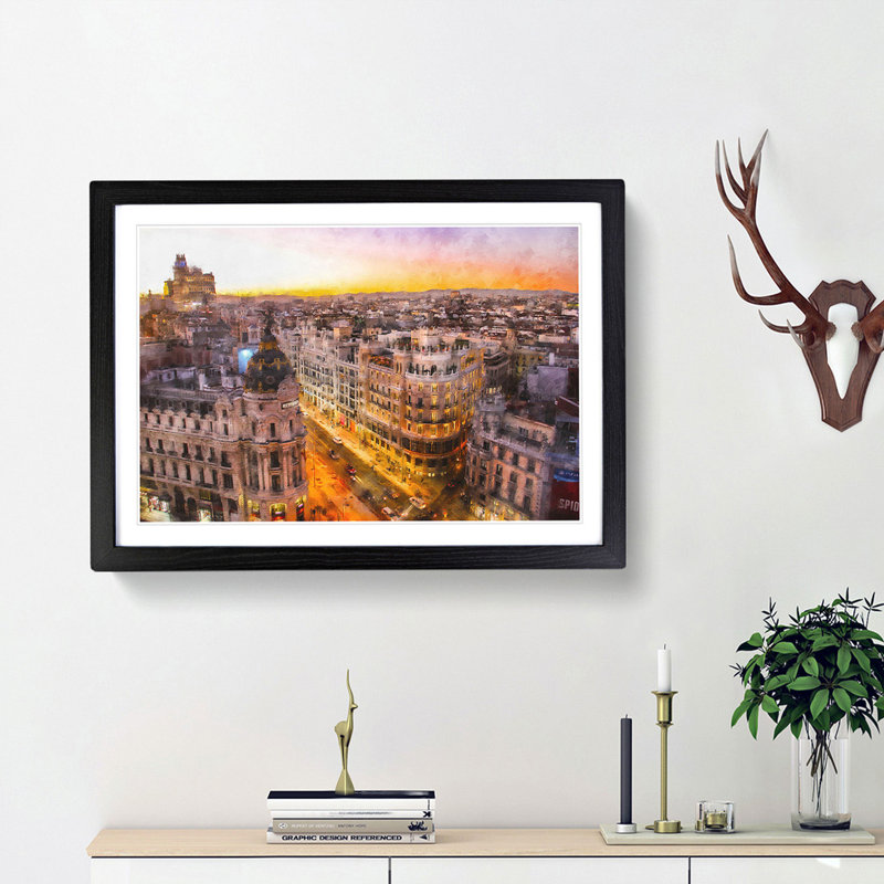 Calle Gran Via in Madrid Spain - Picture Frame Graphic Art Print, 33cm H x 45cm W x 2cm D, Black Framed