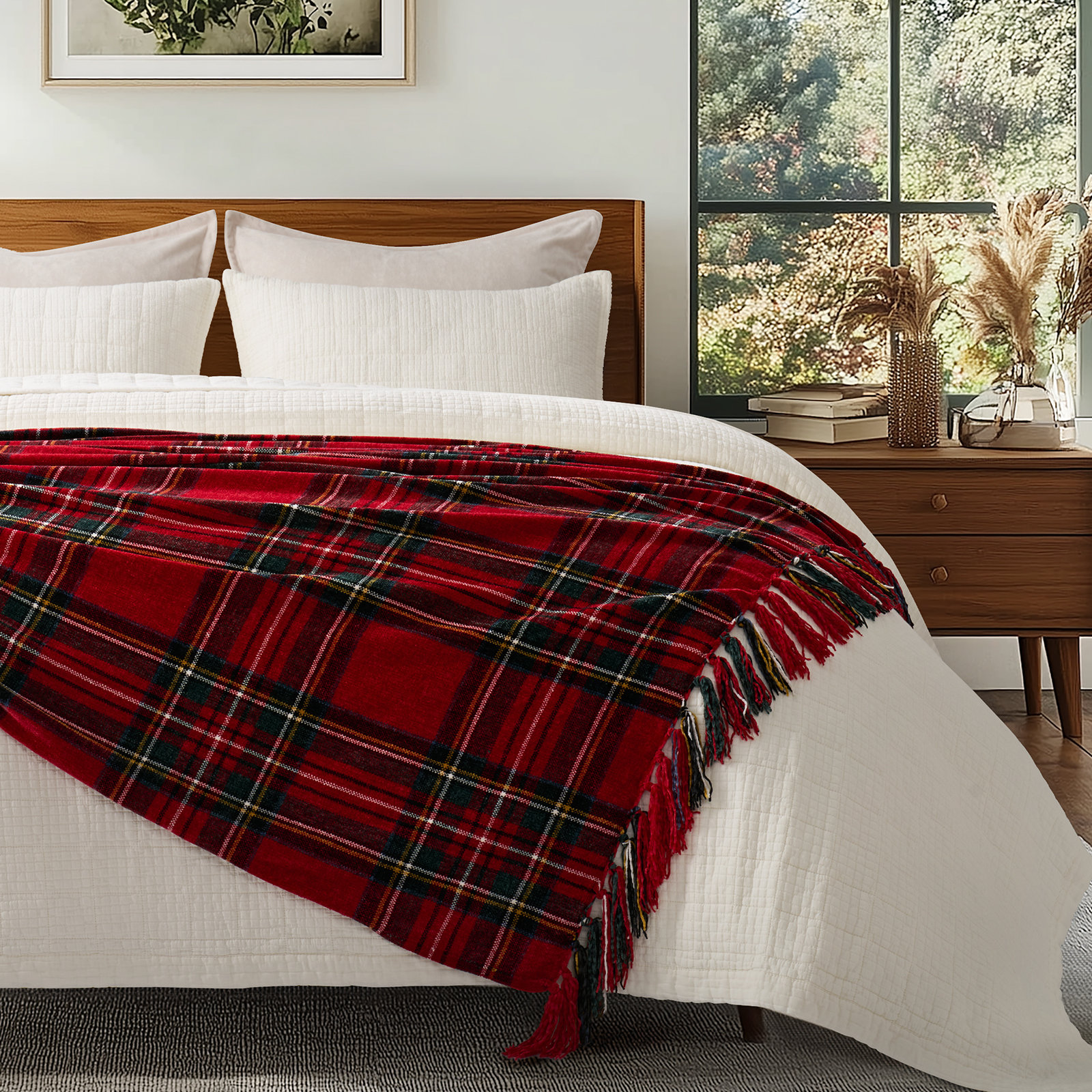 Chenille Throw Blanket, 60" L x 50" W, Classic Red Plaid
