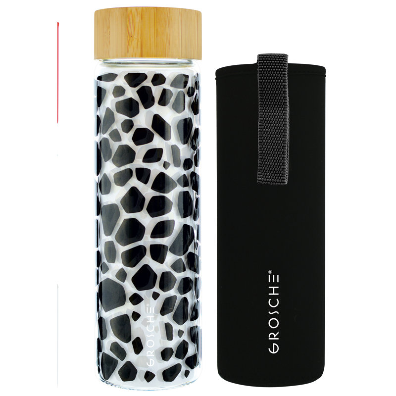 Bouteille d'eau en verre écologique avec couvercle en bambou et housse de protection GROSCHE VENISE (noir)