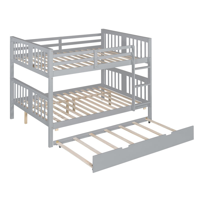 Lit double superposé au dessus d'un lit double avec gigogne simple et échelle - Mobilier de chambre d'enfant en bois massif gris pour économiser de l'espace