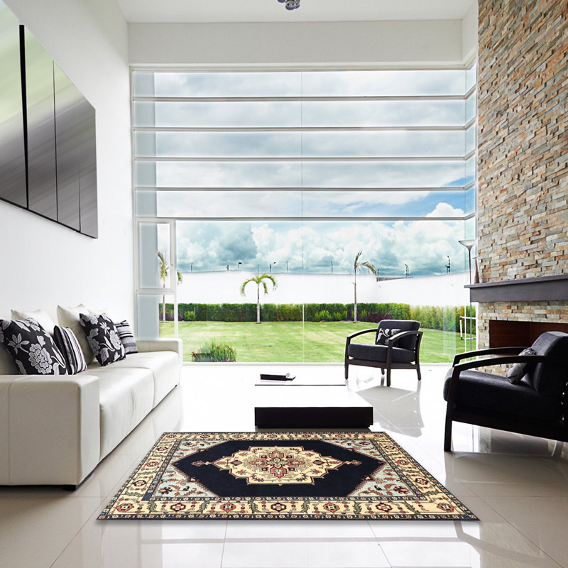 Tapis traditionnel noir / beige, Carré 7 pi