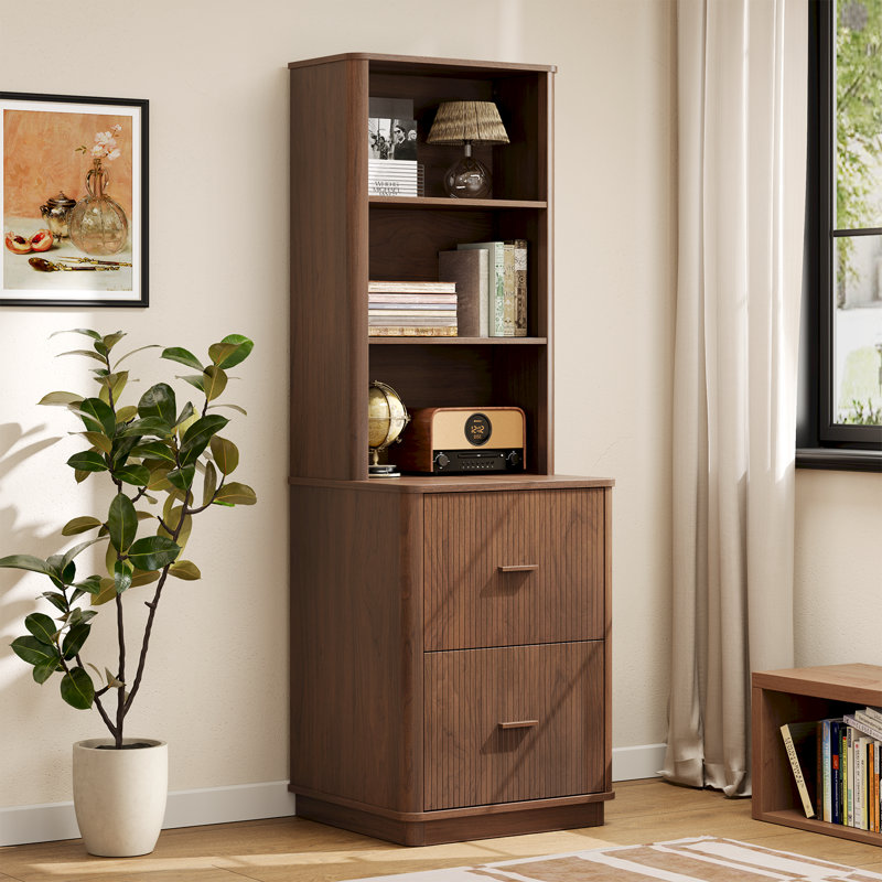 71" Tall Bookcase with 2 File Drawers & Printer Shelf, Mid-Century Filing Cabinet, Walnut