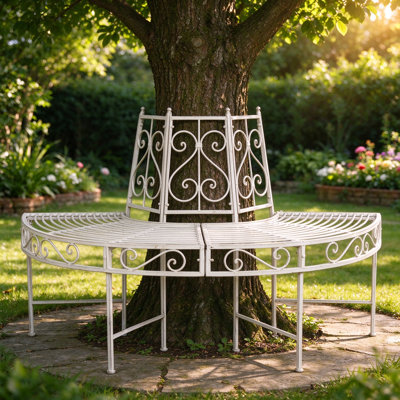 Antique White Wrought Iron Half Round Tree Bench with Backrest, Scrollwork Curved Surround Tree Seat, Weather Resistant Metal Patio Tree Bench for Garden, Backyard, Lawn, Holds 2-3 People