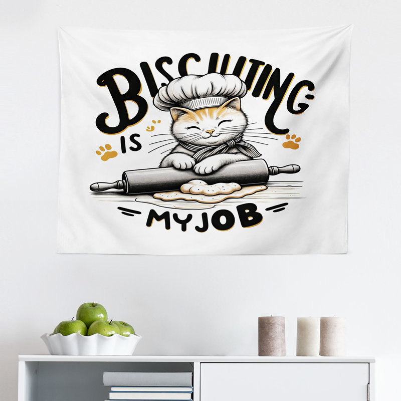 Winston Porter Funny Wall Hanging Tapestry Biscuiting is My Job Chef Persian Orange Black, H 30 po x l 45 po