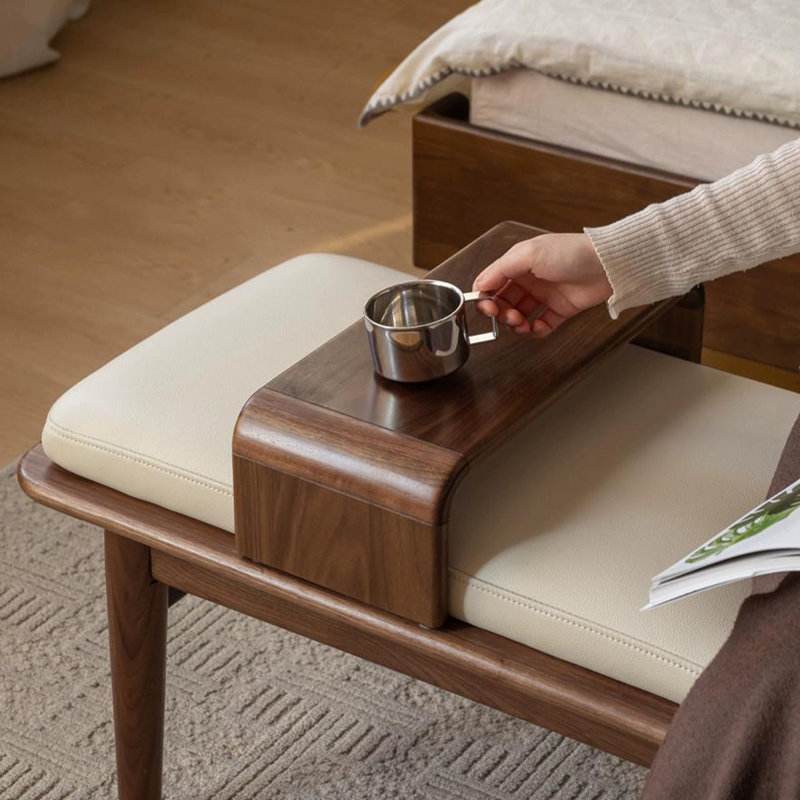Long banc en cuir massif et noyer, H 19,88 po x l 70,87 po x P 17,72 po