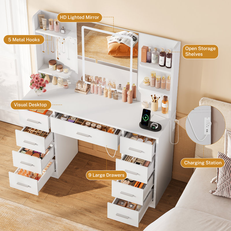 Makeup Vanity Table With Led Mirror, Power Outlet, Vanity Desk With 9 Drawers, 4 Shelves, 5 Jewelry Hooks, White
