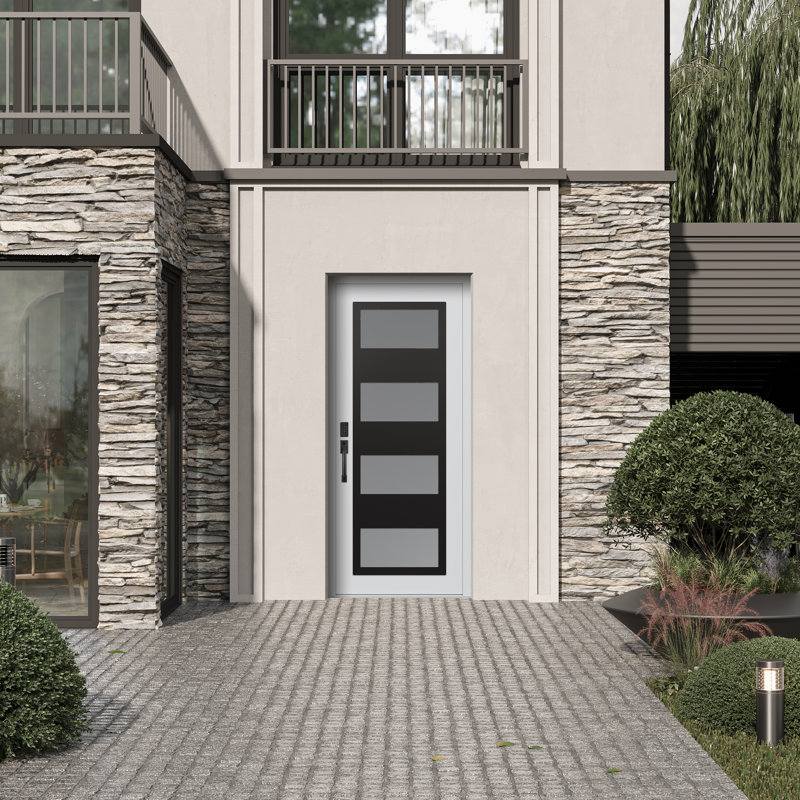 C2 Panel Black Steel White/White Prehung Front Entry Door, Right, Frosted
