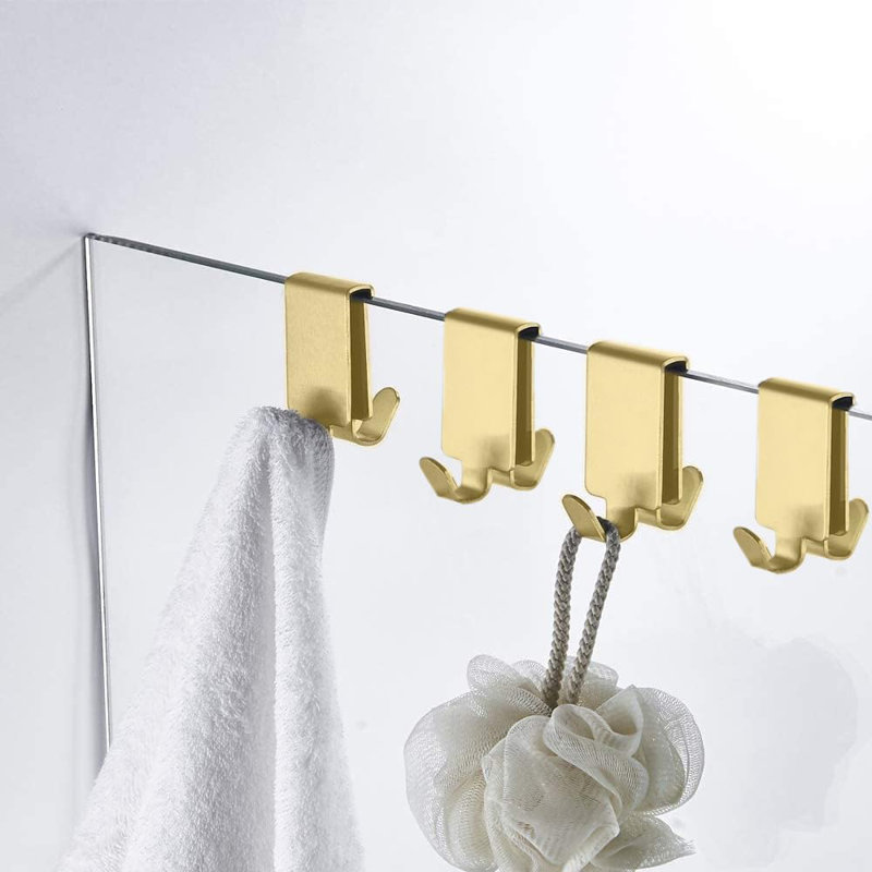 Crochets doubles en acier inoxydable pour portes de douche en verre, installation sans perceuse, inserts en caoutchouc résistant aux égratignures, crochets à serviettes sécuritaires et réglables pour murs de verre de salle de bain