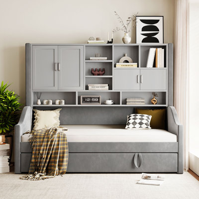 Upholstered Daybed With Pop Up Trundle, Storage Bookcase And Lights by Red Barrel Studio