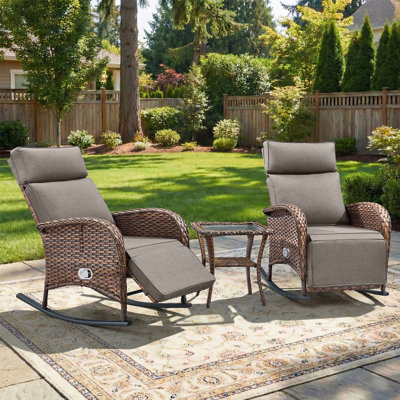 Chaises berçantes d'extérieur inclinables en osier avec coussins et table d'appoint 3 pièces Asenpark