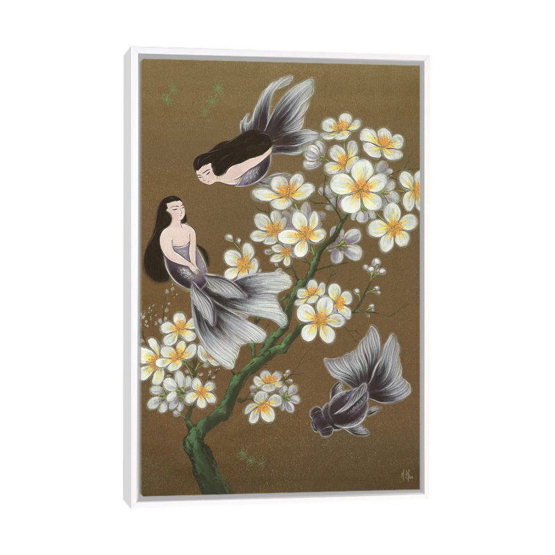 Goldfish Mermaids - Winter Plum Blossoms by Martin Hsu - Painting on Canvas, White Framed, 66.04 cm H x 45.72 cm W