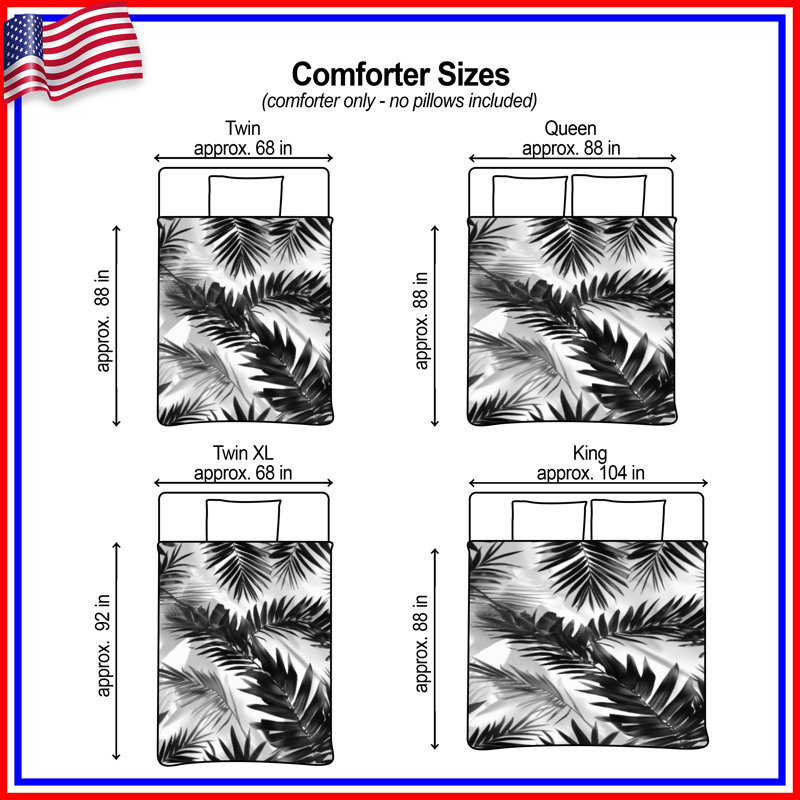 Black Palm Leaves Comforter, Queen, Black White