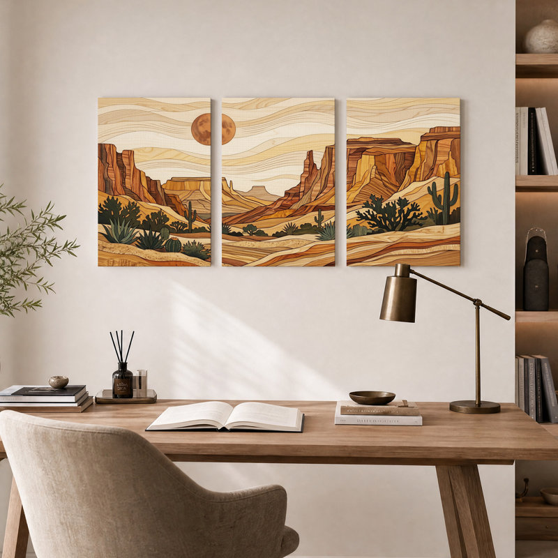 Desert Canyon avec cactus et texture de grain de bois, ensemble de 3 toiles, H 24 po x l 16 po x 3 pièces