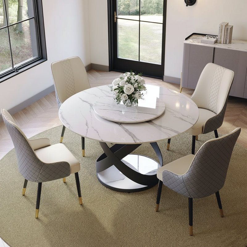 CVIS1276 5/7 Pieces Modern Round Dining Table Sets, Glossy Sintered Stone Dining Table With PU Upholstered Chairs, Pre-Assembly