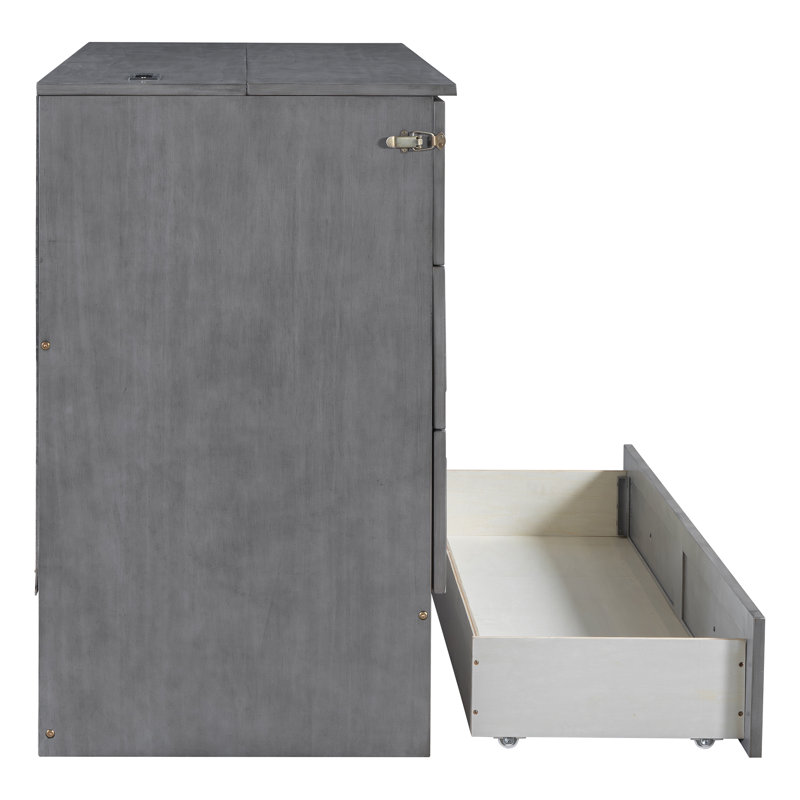 Drawer Murphy Bed Cabinet With Outlets, Full, Gray 2