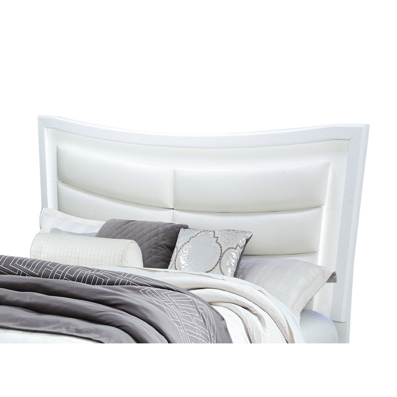 Grand lit blanc de qualité contemporaine, tête de lit rembourrée, miroir, 100%, profondeur 67,24 po, largeur 84,63 po, hauteur 57,42 po, 4 lattes pour grand lit, bois massif scintillant +,