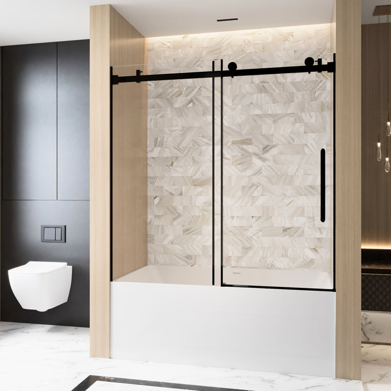 Single Sliding Shower Door 56 - 60 "W X 60" H, 1/4 "(6 Mm) Clear Tempered Glass With Proof Film, Stainless Steel Handle, Square Tube Track In Matte Black, American Style Bathroom, Large Wheels For