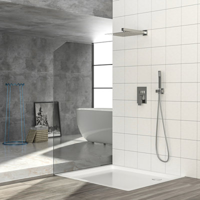 12 Inch Wall Mounted Square Dual Shower With Brushed Nickel Finish, - Scald Valve, Rainfall And Handheld For Comfort Filled Showers System, Balanced 360 Swivel