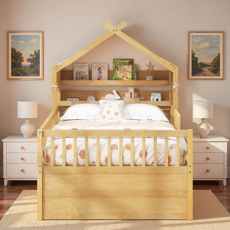 Lit maison avec lit gigogne, tablettes de tête de lit et tiroirs de rangement, Twin, Natural
