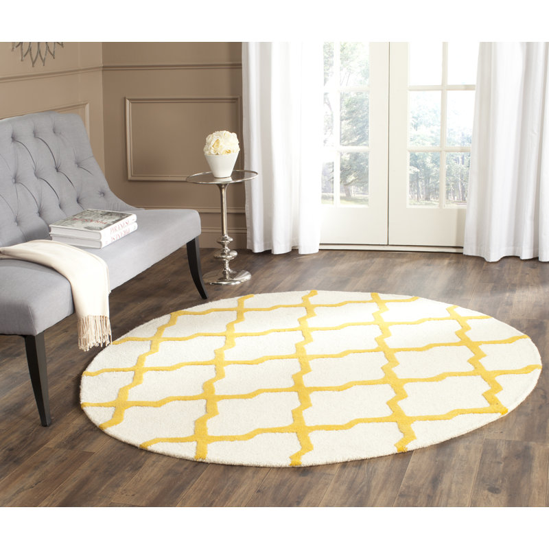 Cannen Hand Tufted Wool Geometric Rug, Round 6', Ivory/Gold