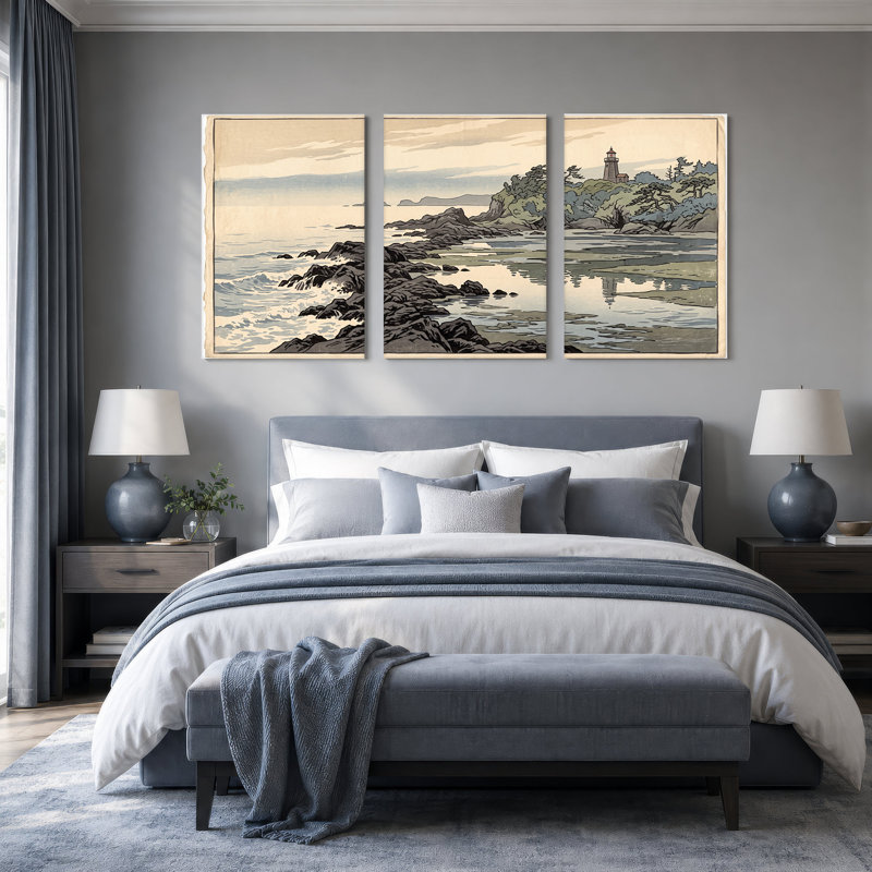 Art mural rétro sur 3 rivages rocheux avec pin, H 36 po x l 24 po x 3 pièces