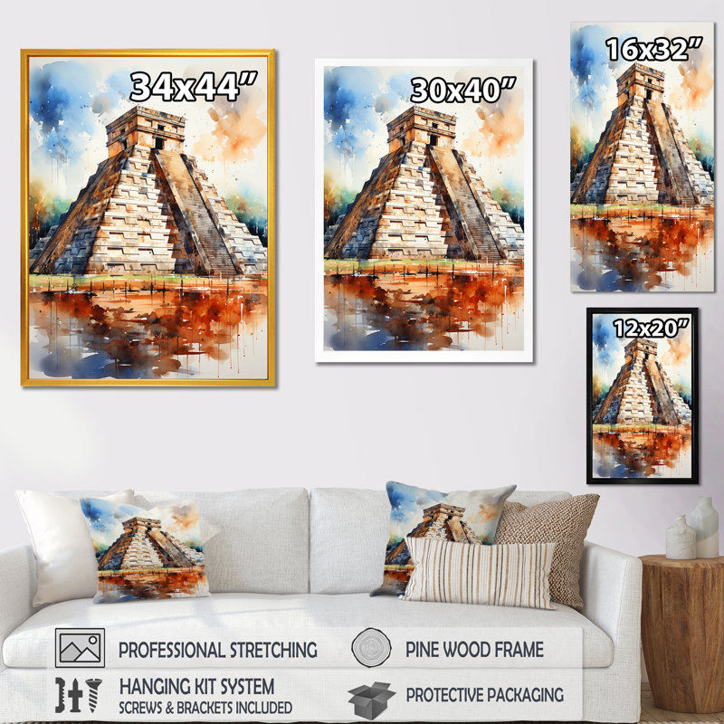 Chichen Itza, art mexicain III - art mural mexicain, H 20 po x l 12 po x P 1 po, Cadre flottant blanc