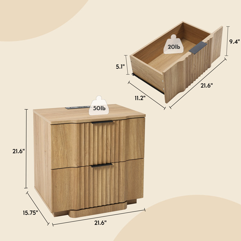 Designer Modern Minimalist Style 2-drawer Fluted Panel Nightstand With Charging Station（set Of 2）, Brown