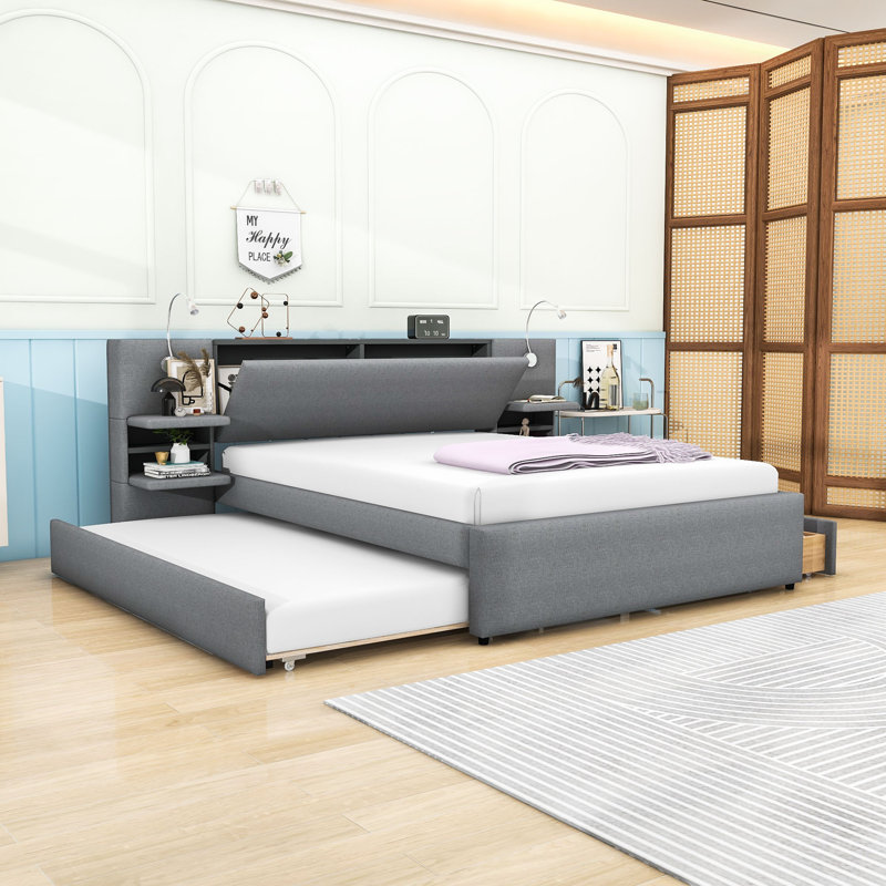 Grand lit plateforme tapissier en lin avec lumières de lecture intégrées et grand rangement, Gris
