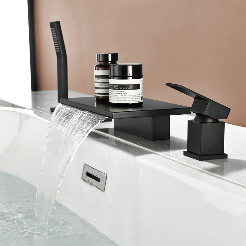 4-Hole Deck Mounted Tub Faucet With Hand Shower Waterfall Bathtub Faucets Brass Single Handle Tub Fillers With Valve
