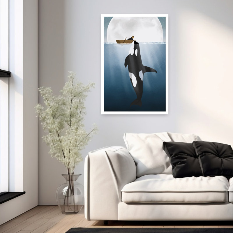 Orca Abstract Contemporary Whale Animal Landscape Wall Art Print 1 Piece Wrapped Canvas Wall Art, 91.44cm H x 60.96cm W