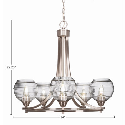 Paramount 5 Light Uplight Chandelier Shown In Brushed Nickel Finish With 6" Ribbed Glass