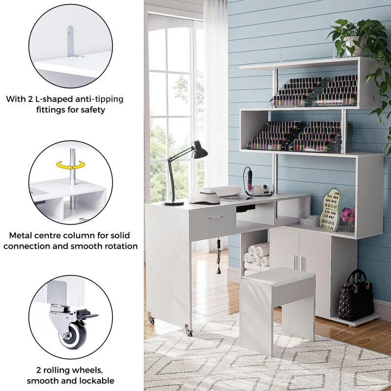 Grunewald Manicure Table L-Shaped Nail Desk with 1 Stool, Dust Collector, Two-Way Drawer, Cabinet & Storage Shelves, Rotating Reversible Manicure Workstation on Wheels