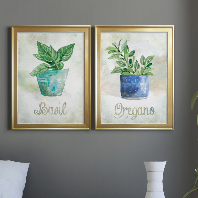 Basilic en pot - Ensemble de 2 peintures sur toiles, H 22,5 po x l 61 po x P 1,5 po, Toile avec cadre doré
