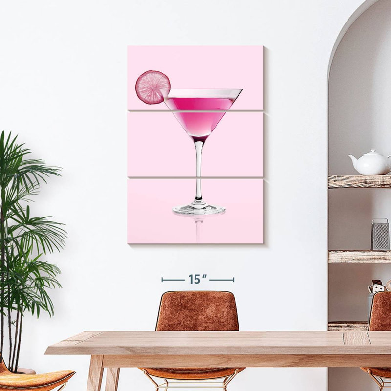 Cocktail rose martini sur toile, 3 pièces, H 45 po x l 28 po x P 1 po