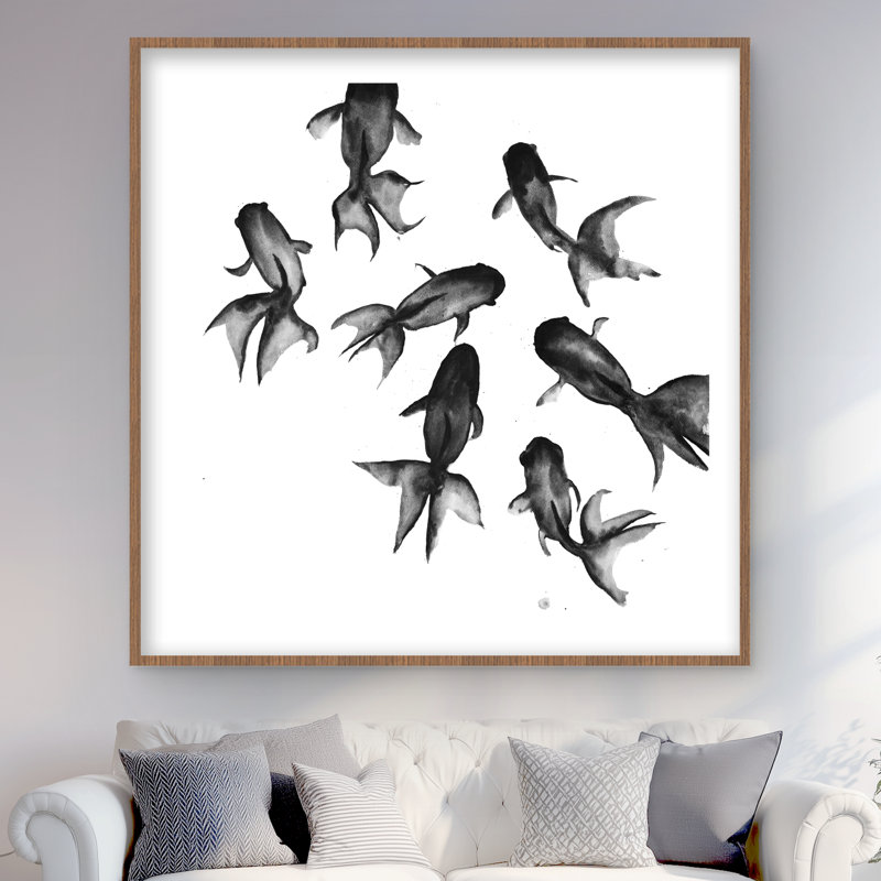 Petits poissons noirs - décor imprimé mat noir asiatique